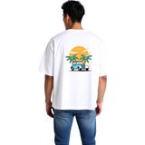 PayBuy Retro Araba Gün Batımı Baskılı Erkek Oversize Tişört - Beyaz - 2XL