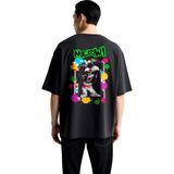 PayBuy Retro Kedi Meow Tasarımı Baskılı Erkek Oversize Tişört - Siyah - 2XL