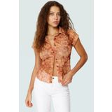 PayBuy Şık Çiçek Desenli Tül Bluz Rahat Vücut Oturan Kısa Kollu Polyester Örme Günlük Kullanım İçin