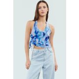 PayBuy Yazlık Soyut Desenli Crop Bluz Boyundan Bağlamalı Örme Tül Kumaş Modern Stil Şık Görünüm