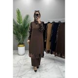 PAYE VE PULLU LACİVERT TESETTÜR BEGÜM TUNİK PANTOLON TAKIM SCUBA KREP KUMAŞ HGL10753110