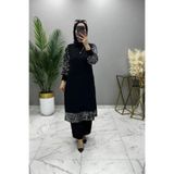 PAYE VE PULLU SİYAH TESETTÜR BEGÜM TUNİK PANTOLON TAKIM SCUBA KREP KUMAŞ HGL10753110