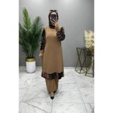 PAYE VE PULLU SÜT KAHVE TESETTÜR BEGÜM TUNİK PANTOLON TAKIM SCUBA KREP KUMAŞ HGL10753110