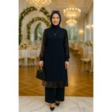 PAYET VE PULLU LACİVERT TESETTÜR HUGGLİİ BEGÜM TUNİK PANTOLON TAKIM SCUBA KREP KUMAŞ 41/3790