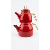 Pazard Nostaljik Emaye Çaydanlık Takımı Lüks Kırmızı Gold Kulplu - Üst Demlik 1.3 Lt / Alt Suluk 2.5 Lt