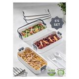 Pazarika 3 Katlı Taşınabilir Yemek Kabı – Lunch Box Diyet Beslenme Kutusu Saklama Kabı Çatal Kaşıklı Gri Beyaz