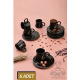 Pazarika Rıoba Kahve Fincan Takımı 6 Kişilik El Yapımı Türk Kahvesi Handmade 12 Parça Lüx Seramik Siyah 100Ml