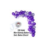 Pazariz 100 Adet Metalik Balon Ve 5 Metre Balon Zinciri (Mor - Gümüş Karışık) Uçan Balon