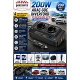 pazariz 200W Araç Güç İnvertörü 12V-220V Dönüştürücü, 2 Priz 4 USB, Dijital Ekran, Soğutma Fanı, Çakmaklık Girişli, Hızlı Şarj ve Güvenli Koruma, Telefon Laptop İçin Taşınabilir İnverter