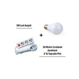 Pazariz 3W Led Ampul + 10 Metre Uzatmalı Anahtarlı 3Lü Priz Set-