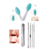 Pazariz 4 Parça Kutulu Paslanmaz Çelik Komedon + Siyah Nokta Temizleyici Dudak Peeling Fırçası 2'Li Set