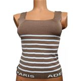 Pazariz Kahverengi Beyaz Çizgili Kare Yaka Atlet Triko Bluz Crop S / M / L Beden Uyumlu