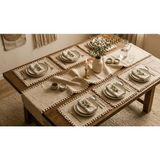 Pazarsen 7 Parça %100 Doğal Keten Masa Seti Püsküllü Runner Amerikan Servis Supla Takımı - 40 x 140 cm - Bej