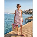 Pazen Moda Kadın Pembe Çiçek Etnik Desenli Halter Yaka Kolsuz Mini Yazlık Elbise - Beyaz