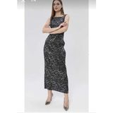 Pazen Moda Kadın Siyah Varak Desenli Kayık Yaka Kolsuz Midi Örme Elbise - Standart
