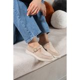 Pazzyonez Kadın Bej Süet Loafer Ayakkabı Elite Comfort Makosen Rahat Günlük Ofis Casual Saraç Detay Tokalı