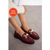 Pazzyonez Kadın Bordo Rugan Günlük Rahat Casual Kalvaniz Tokalı Klasik Loafer Ayakkabı