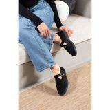 Pazzyonez Kadın Siyah Süet Loafer Ayakkabı Elite Comfort Makosen Rahat Günlük Ofis Casual Saraç Detay Tokalı