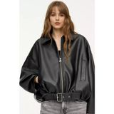 P&b Kadın Oversize Bomber Ceket – Suni Deri, Astarlı, Kemerli, Fermuarlı ve Çift Cepli Şık Tasarım - Siyah