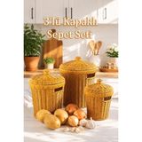 PBT-439-2 3lü Hasır Sepet Kapaklı Bambu Sepet Seti Dekoratif Banyo Mutfak Düzenleyici Organizeri - Standart - Çok Renkli