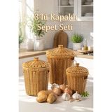 PBT-439 3lü Hasır Sepet Kapaklı Bambu Sepet Seti Dekoratif Banyo Mutfak Düzenleyici Organizeri - Çok Renkli - Standart
