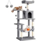 PCT161W01 Tırmalama Ağacı, 143 cm Yüksekliğinde, Kedi Ağacı, Çok Katlı Kedi Evi, 4 Tırmalama Sütunu, 2 Platform, Hamak, Mağara, Açık Gri - - - Ahşap