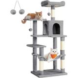 PCT161W01 tırmalama ağacı, 143 cm yüksekliğinde, kedi ağacı, çok katlı kedi evi, 4 tırmalama sütunu, 2 platform, hamak, mağara, açık gri