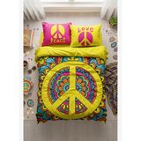 Peace 4 Parça Nevresim Takımı Pamuk Polyester | Sarı Bohem Hippie Desenli Çift Kişilik Nevresim Seti