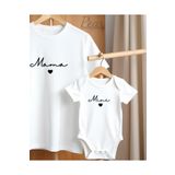 Pear Wear Mama Mini Baskılı 2'li Kombin Takım Anne Kız Anne Oğul Oversize T-Shirt Anne Bebek Body
