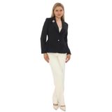 PEARL İnci Düğmeli Broş Detaylı Pileli Ceket, Askılı Crop Büstiyer ve Boru Paça Pantolon Takım Siyah/Açık Krem 42