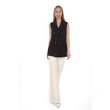 PEARL Kruvaze Metal Düğmeli Ceket, Askılı Crop Büstiyer ve Boru Paça Pantolon Üçlü Krep Kadın Takım Açık Krem 42