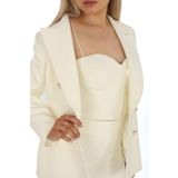 PEARL Şık Beyaz Krep Kadın Takım - Kruvaze Ceket ve Boru Paça Pantolon İthal Metal Düğmeli Set Açık Krem 42