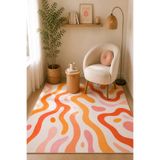 Pearlora Home Retro Dalga Desenli Kaymaz Taban Halı Dekoratif Salon ve Yolluk