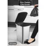 Pedallı Gri Banyo Mutfak Çöp Kovası Siyah Kapaklı Slim Pedallı Çöp Kovası 15 Litre Gri
