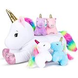 Pegmapri 16 inç Unicorn Doldurulmuş Hayvanlar - Kızlar için Unicorn Hediyeleri -5'i 1 Arada Peluş Anne Unicorn Oyun Seti 4 Bebekli Tek Boynuzlu At Bebek Sürpriz Oyuncak