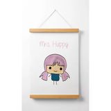 Pegziz Çocuk Odası Ahşap Askılı Mrs Happy Baskılı Kanvas Duvar Dekorasyonu 40X50cm.