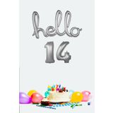 PEKSHOP 14 Yaş Doğum Günü Balonları - Hello 14 El Yazısı Gümüş Renk Folyo Balon