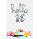 PEKSHOP 16 Yaş Doğum Günü Balonları - Hello 16 El Yazısı Gümüş Renk Folyo Balon