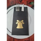 Pekshop Kumaş Dokulu Siyah Peçete Gold Varak Çan Desenli Yılbaşı Ağacı Mutlu Yıllar Yazılı Yılbaşı Sofrası Yeni Yıl Peçetesi
