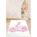Pelangi Anne Bebek Kuğu Güllü Çiçekli Minimal Yıkanabilir Kaymaz Taban Leke Tutmaz Çocuk Odası Halısık, Açık Pembe-Beyaz 120 x 200