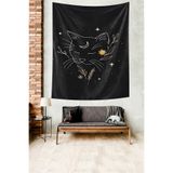Pelangi Ay Işığında Uyuyan Sevimli Kedi Yıldızlar Leke Tutmaz Kumaş Duvar Örtüsü Duvar Halısı Tapestry PNTR434, 100 x 140