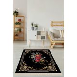 Pelangi Baskı Nakış Gül Desenli Dijital Baskı Yıkanabilir Kaymaz Taban Etnik Kilim Desen Salon Halı, Siyah 180 x 300
