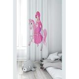 Pelangi Beyaz Ata Binen Prenses Desenli Dijital Baskı Yıkanabilir Bebek Çocuk Odası Fon Perdesi, fuşya-beyaz 140 x 270
