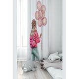 Pelangi Beyaz Balon Tutan Genç Kız Desenli Dijital Baskı Yıkanabilir Bebek Çocuk Odası Fon Perdesi, beyaz-pembe 140 x 240