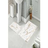 Pelangi Beyaz Gold Mermer Desenli Banyo Halısı Ikili Klozet Takımı Kaymaz Tabanlı