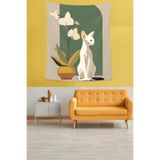 Pelangi Beyaz Kedi Vazoda Orkide Leke Tutmaz Kumaş Duvar Örtüsü Duvar Halısı Tapestry PNTR563, 70 x 70