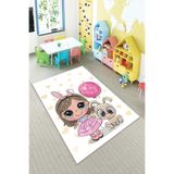 Pelangi Beyaz Kız Bebek Desenli Yıkanabilir Kaymaz Taban Leke Tutmazbebek Ve Çocuk Odası Halısı, Beyaz 80 x 400