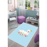 Pelangi Beyaz Kuğu Desenli Çiçekli Halı Dijital Baskı Yıkanabilir Kaymaz Taban Kız Çocuk Odası Halısı, Turkuvaz-Beyaz 80 x 150