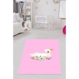 Pelangi Beyaz Kuğu Desenli Çiçekli Halı Dijital Baskı Yıkanabilir Kaymaz Taban Pembe Kız Çocuk Odası Halısı, Pembe-Beyaz 160 x 250