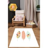 Pelangi Beyaz Zeminde Minimal Dekoratif Tüyler Yıkanabilir Kaymaz Taban Leke Tutmaz Çocuk Halı, Mavi-Beyaz-Turuncu 40 x 40